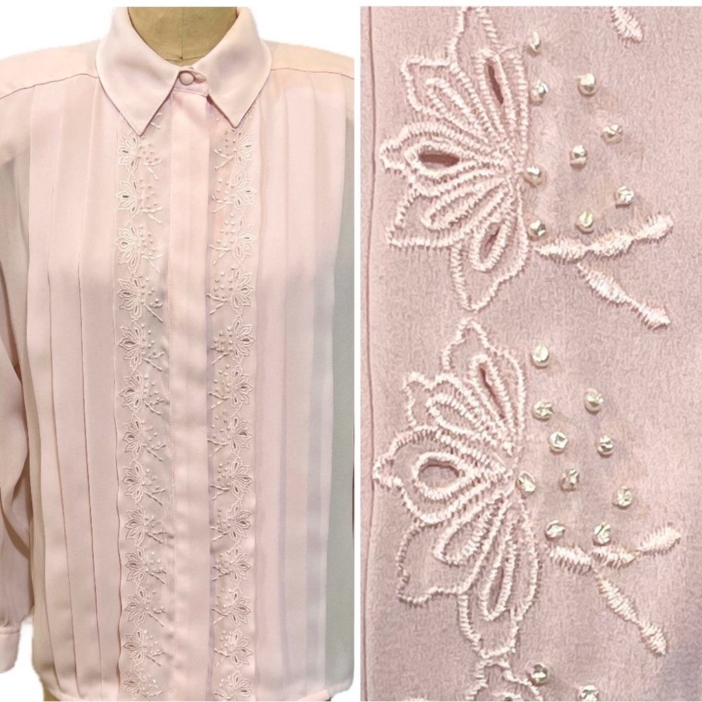VINTAGE 80s 90s pastel powder pink beaded embroidered button down blouse shirt
